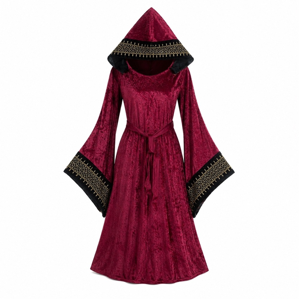 Vintage Deceptions by Disguise Burgundy Medieval Hooded Velvet Dress Jr 9